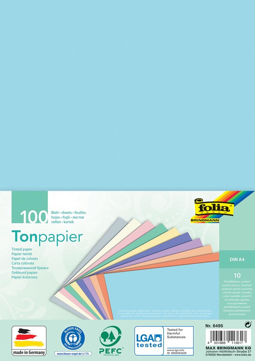 Folia gekleurd tekenpapier, 130 g, ft 21 x 29,7 cm, A4, geassorteerde kleuren, pastel, pak van 100 vel afbeelding