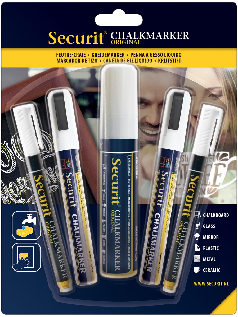 Securit krijtmarker wit, etui met 5 stuks in geassorteerde diktes afbeelding