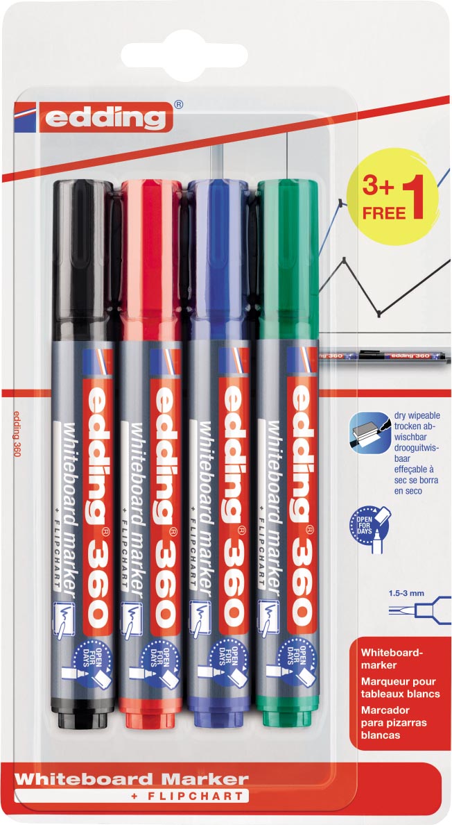 edding whiteboardmarker 360, blister met 4 stuks (3 + 1 gratis) in geassorteerde kleuren