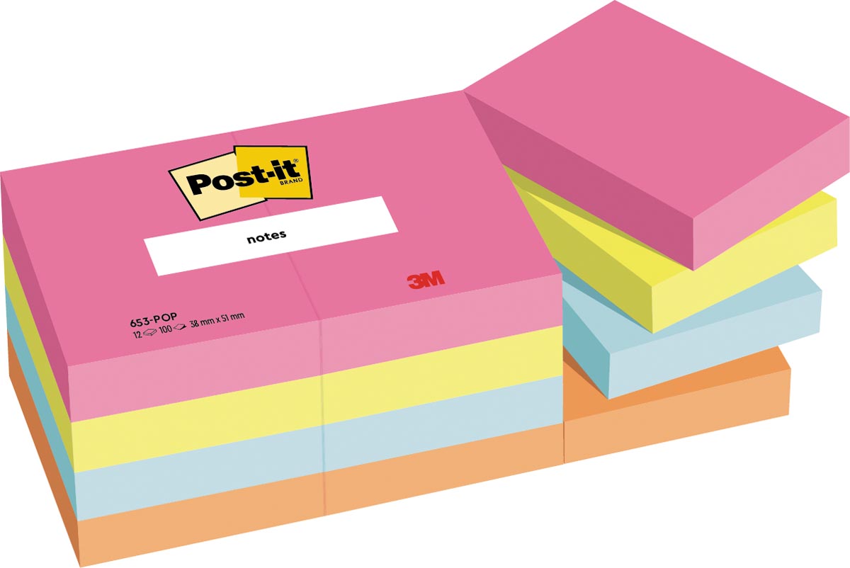 Post-it Notes, Poptimistic colour collection, ft 38 X 51 mm, 100 vel, pak van 12 blokken