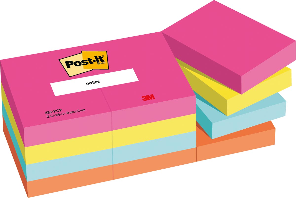 Post-it Notes, Poptimistic colour collection, ft 38 X 51 mm, 100 vel, pak van 12 blokken Post-it Notes, Poptimistic colour collection, ft 38 X 51 mm, 100 vel, pak van 12 blokken