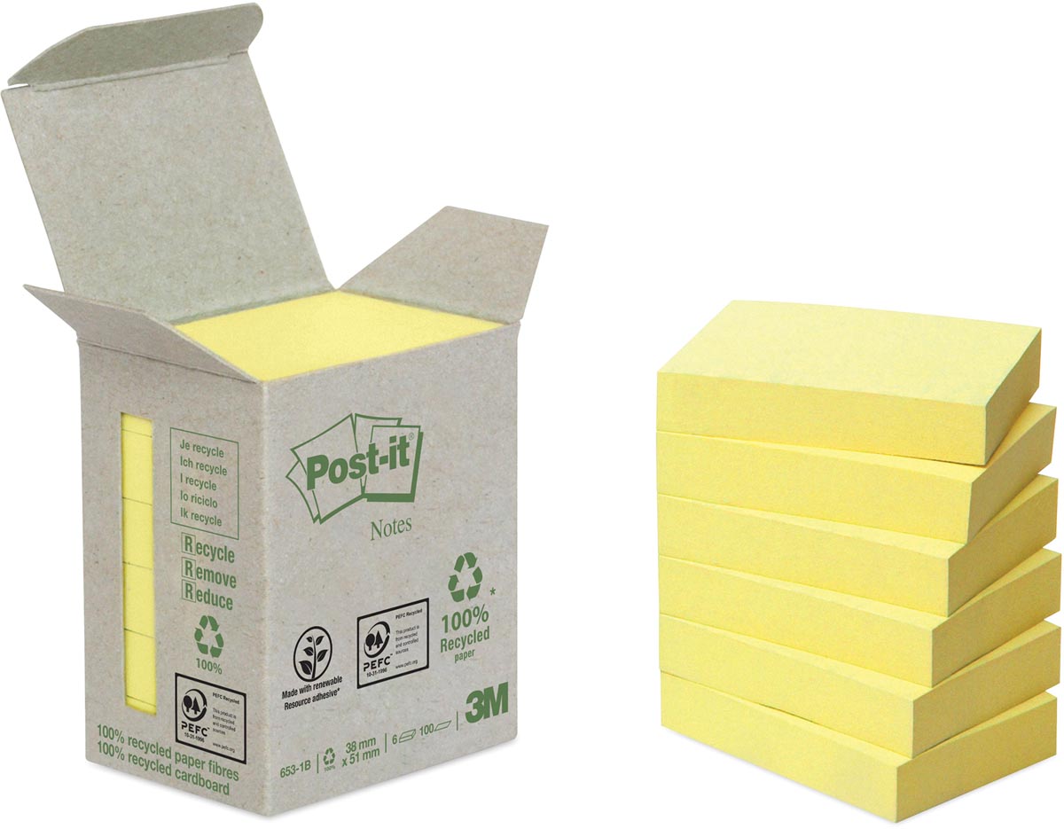 Post-it Recycled notes, 100 vel, ft 38 x 51 mm, geel, pak van 6 blokken afbeelding