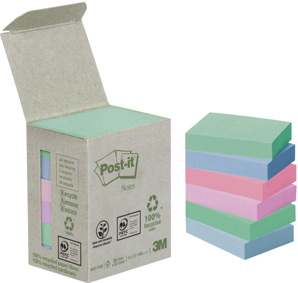 Post-it Notes gerecycleerd, ft 38 x 51 mm, geassorteerde kleuren, 100 vel, toren van 6 blokken