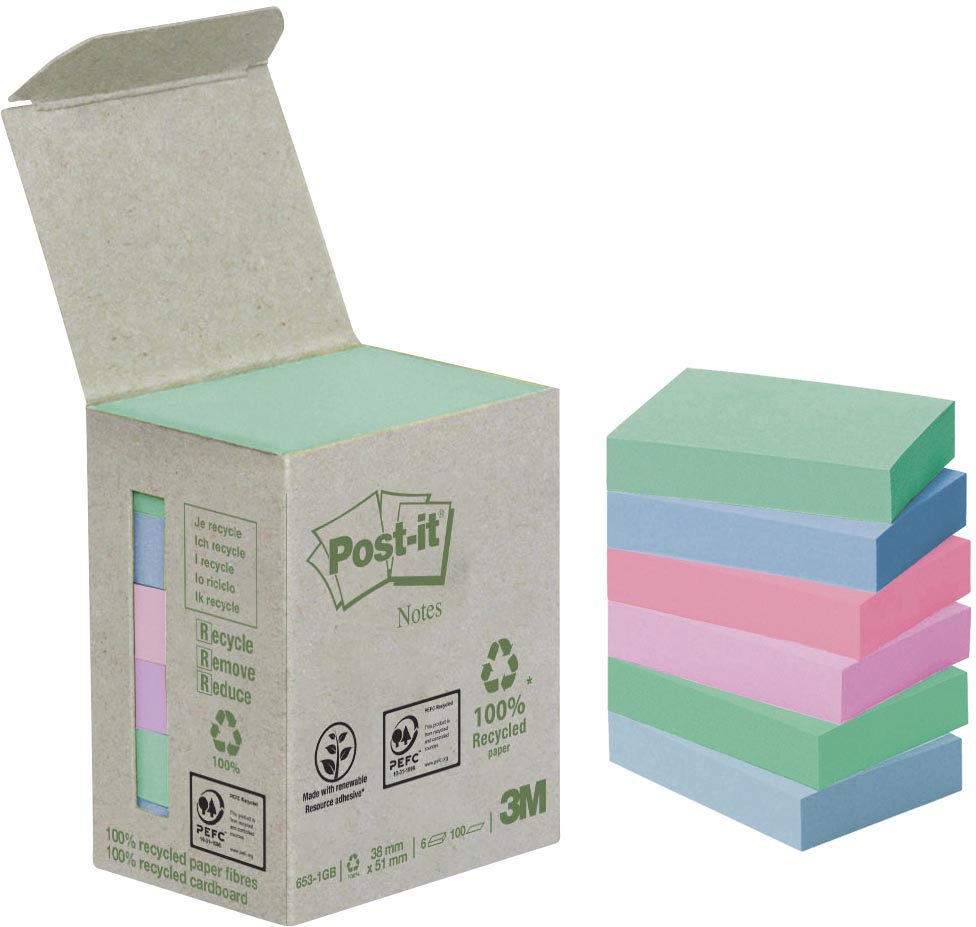 Post-it recycled notes, 100 vel, ft 38 x 51 mm, pak van 6 blokken, geassorteerde kleuren