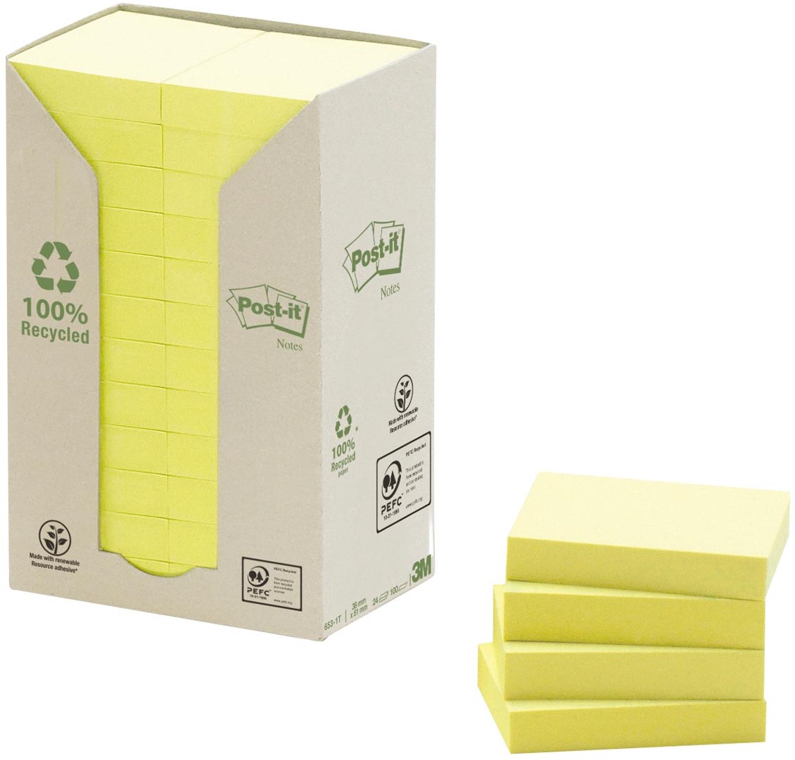 Postit Recycled notes, 100 vel, ft 38 x 51 mm, geel, pak van 24 blokken bij VindiQ Office