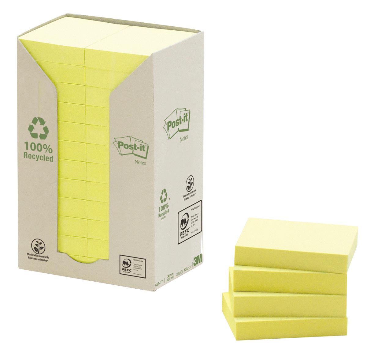 Post-it Recycled notes, 100 vel, ft 38 x 51 mm, geel, pak van 24 blokken afbeelding