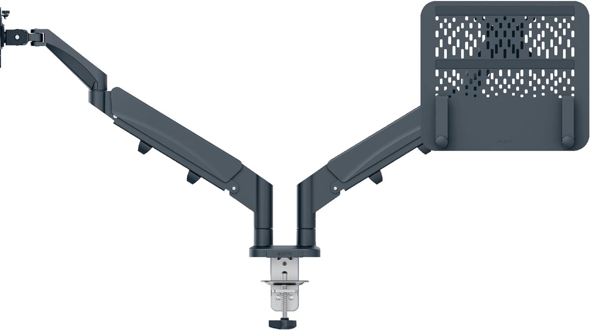 Leitz Ergo ruimtebesparende monitorarm, dubbele arm met 1 laptoparm, grijs afbeelding