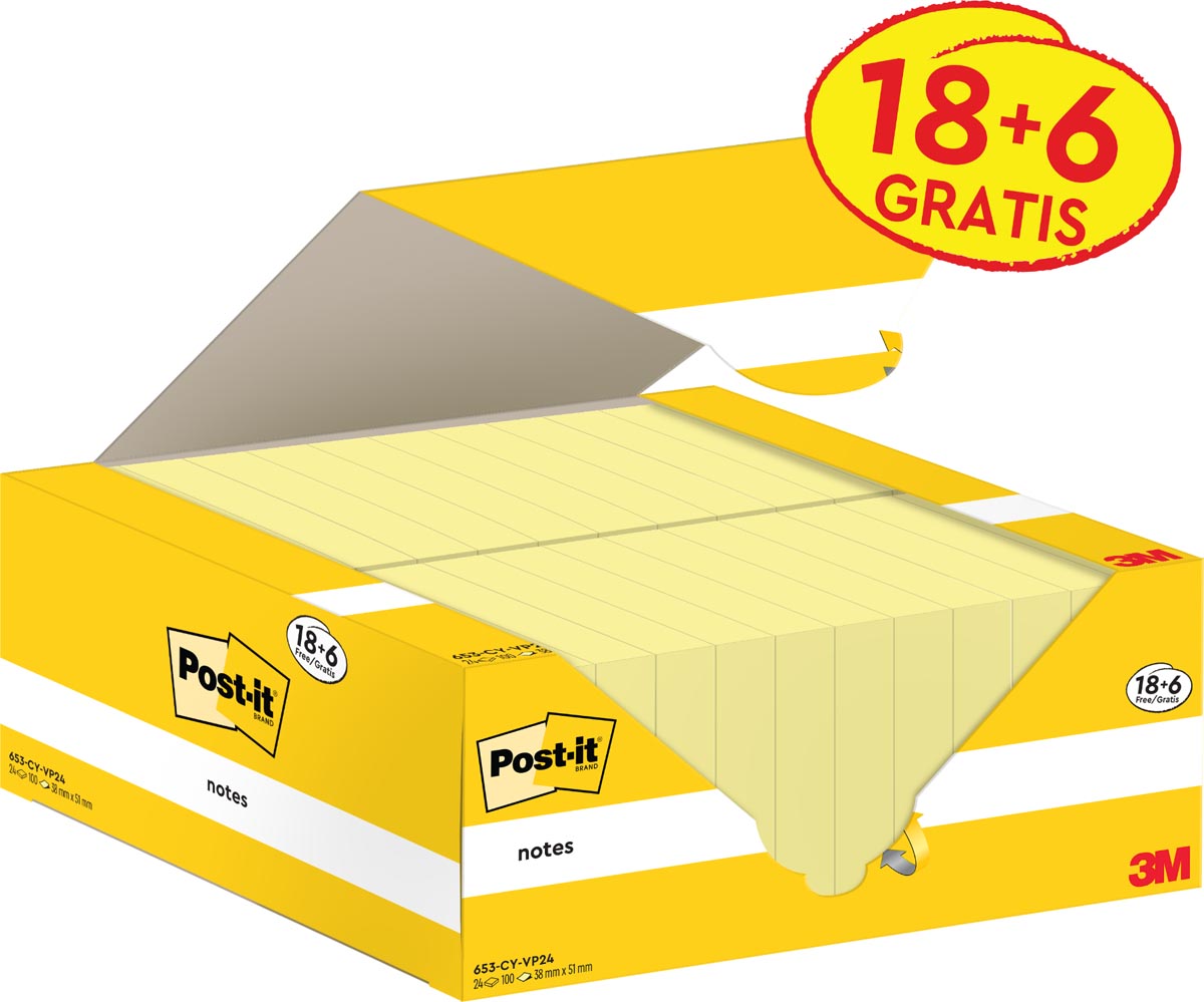 Post-it Notes, 100 vel, ft 38 x 51 mm, kanariegeel (canary yellow), 18 blokken + 6 GRATIS afbeelding