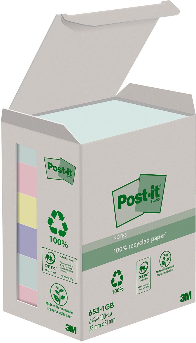Post-it recycled notes Nature, 100 vel, ft 38 x 51 mm, pak van 6 blokken, geassorteerde kleuren afbeelding