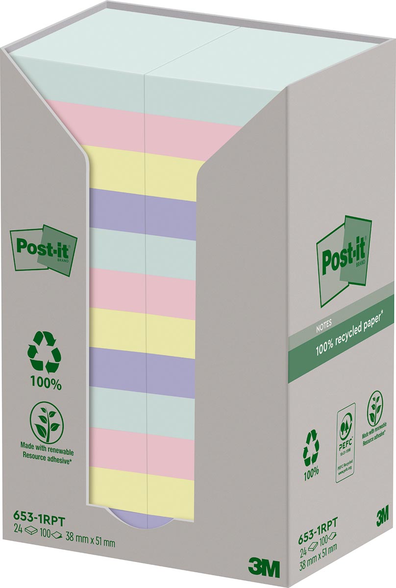 Post-it recycled notes Nature, 100 vel, ft 38 x 51 mm, pak van 24 blokken, geassorteerde kleuren afbeelding