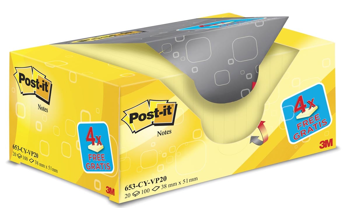 Post-it Notes, ft 38 x 51 mm, geel, blok van 100 vel, pak van 16 + 4 gratis afbeelding