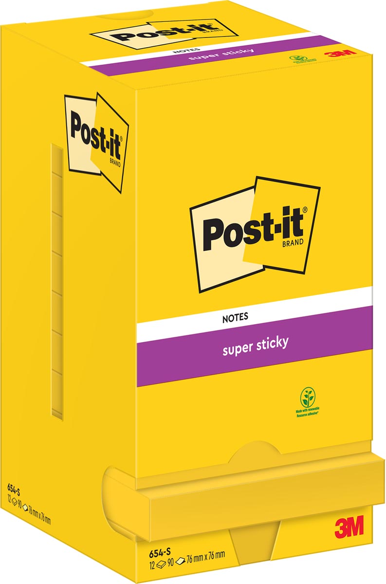 Post-it Super Sticky notes, 90 vel, ft 76 x 76 mm, pak van 12 blokken, neongeel afbeelding