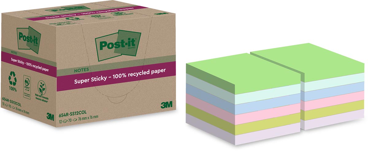 Post-it Super Sticky Notes Recycled, 70 vel, ft 76 x 76 mm, assorti, pak van 12 blokken afbeelding