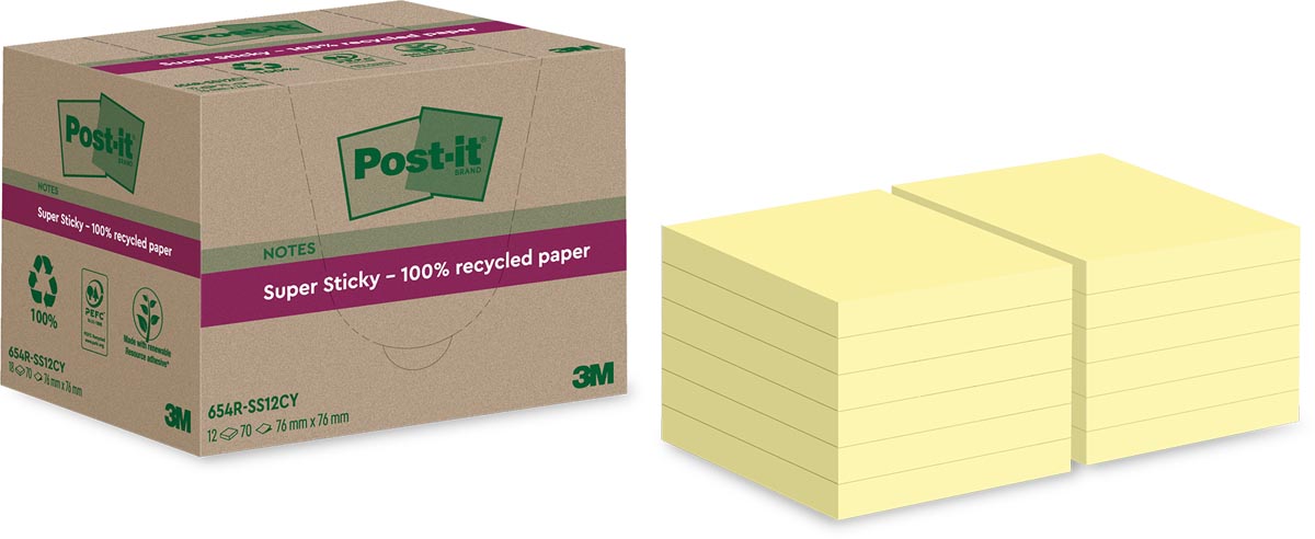 Post-it Super Sticky Notes Recycled, 70 vel, ft 76 x 76 mm, geel, pak van 12 blokken afbeelding