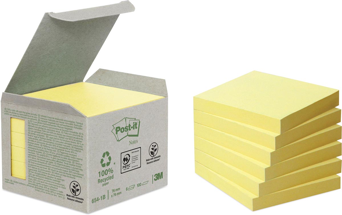 Post-it Recycled notes, 100 vel, ft 76 x 76 mm, geel, pak van 6 blokken afbeelding