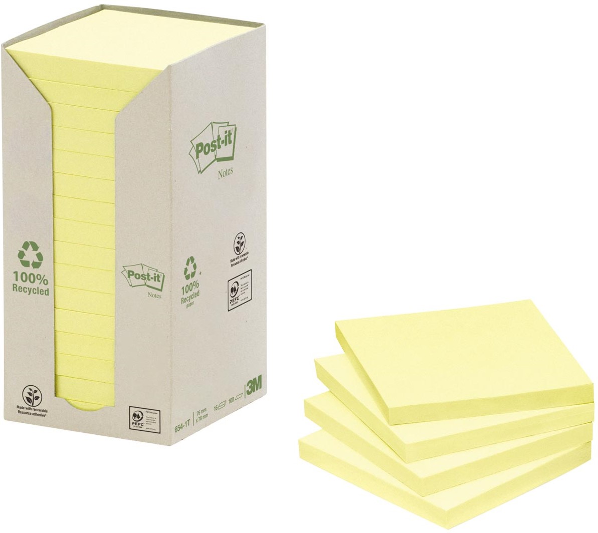 Postit Recycled notes, 100 vel, ft 76 x 76 mm, geel, pak van 16 blokken bij VindiQ Office