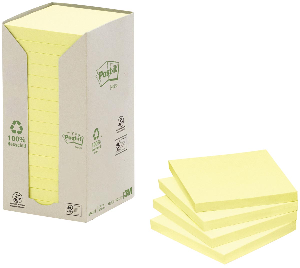 Post-it Recycled notes, 100 vel, ft 76 x 76 mm, geel, pak van 16 blokken afbeelding