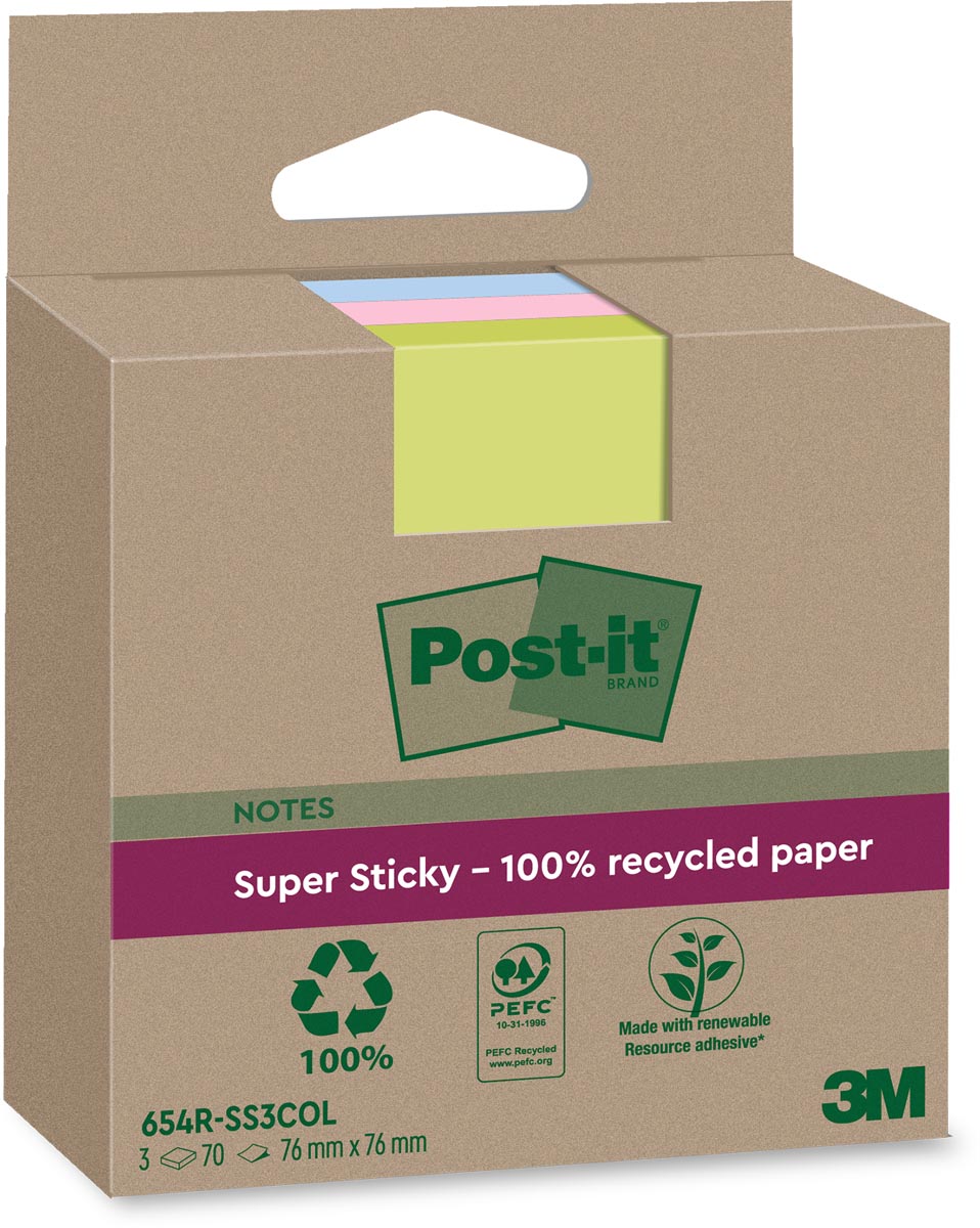 Post-it Super Sticky Notes Recycled, 70 vel, ft 76 x 76 mm, assorti, pak van 3 blokken afbeelding
