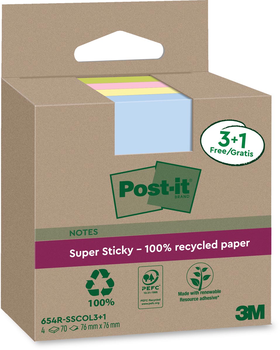 Post-it Super Sticky Notes Recycled, 70 vel, ft 76 x 76 mm, assorti, 3 + 1 GRATIS afbeelding