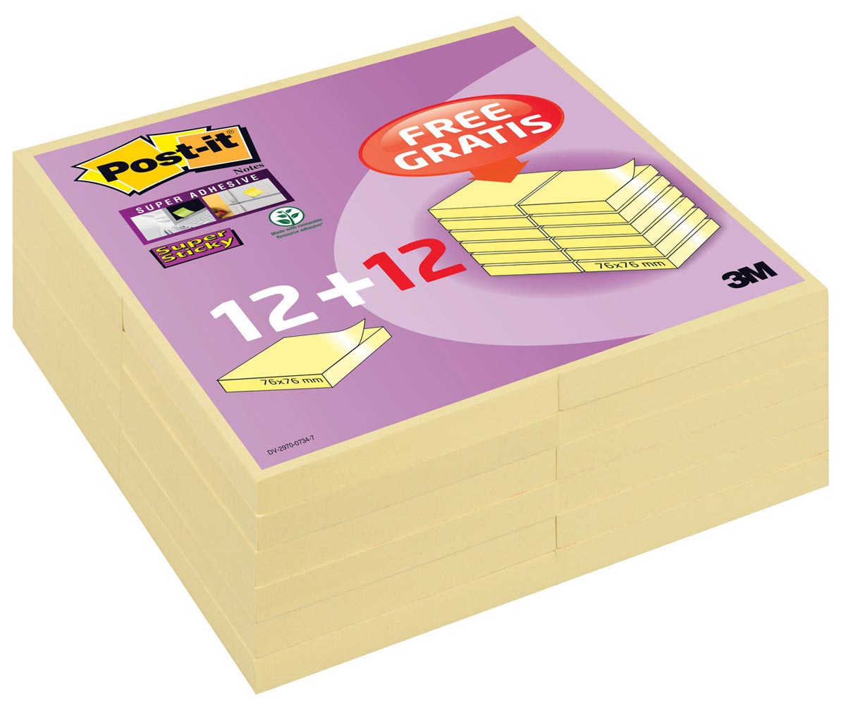 Post-it super Sticky notes, 90 vel, ft 76 x 76 mm, geel, pak van 12 blokken + 12 gratis afbeelding