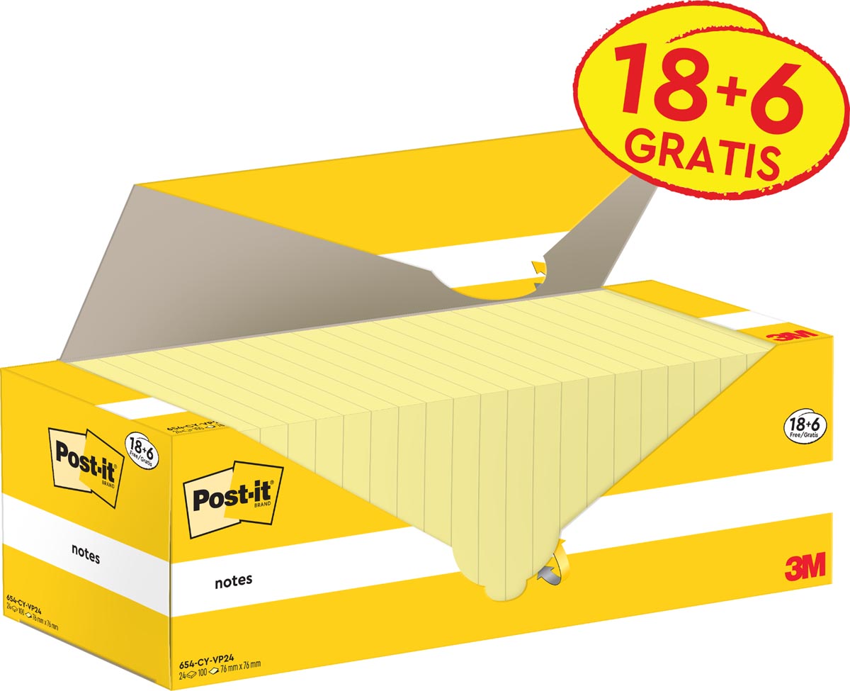 Post-it Notes 100 vel ft 76 x 76 mm kanariegeel (canary yellow) 18 blokken + 6 GRATIS
