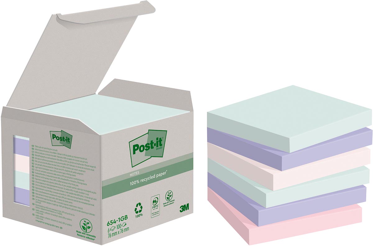 Post-it recycled notes Nature, 100 vel, ft76 x 76 mm, pak van 6 blokken, geassorteerde kleuren afbeelding