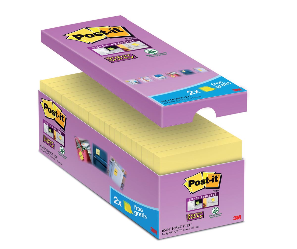 Post-it Super Sticky notes, 90 vel, ft 76 x 76 mm, geel, pak van 14 blokken + 2 gratis afbeelding