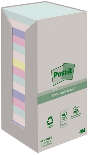 Post-it recycled notes Nature, 100 vel, ft 76 x 76 mm, pak van 16 blokken, geassorteerde kleuren