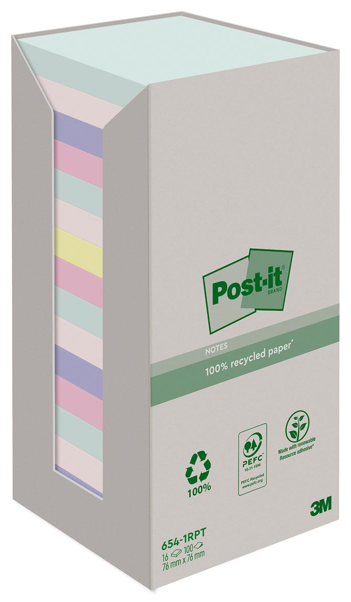 Post-it recycled notes Nature, 100 vel, ft 76 x 76 mm, pak van 16 blokken, geassorteerde kleuren afbeelding