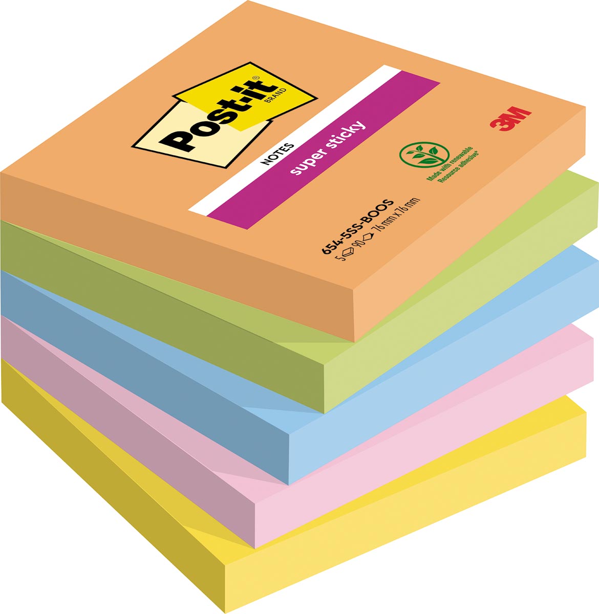 Post-it Super Sticky notes Boost, 90 vel, ft 76 x 76 mm, geassorteerde kleuren, pak van 5 blokken afbeelding