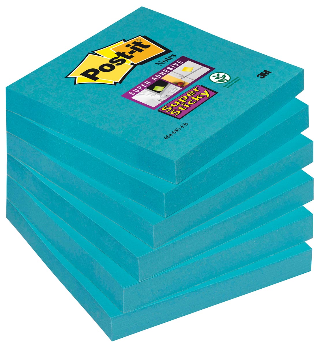 Post-it Super Sticky notes, 90 vel, ft 76 x 76 mm, pak van 6 blokken, blauw (paradise blue) afbeelding