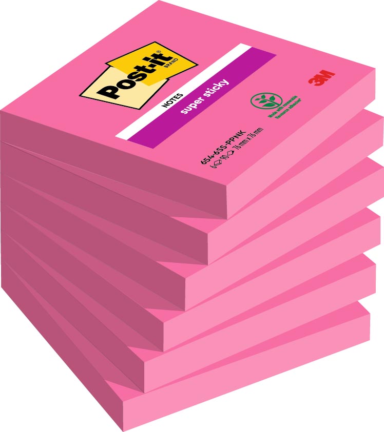 Post-it Super Sticky notes, 90 vel, ft 76 x 76 mm, pak van 6 blokken, fuchsia (power pink) afbeelding