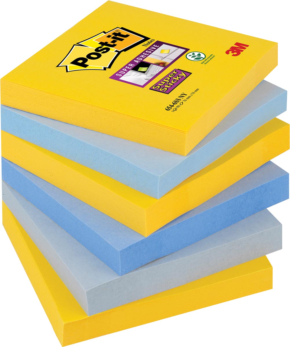 Post-it Super Sticky notes New York, ft 76 x 76 mm, geassorteerde kleuren, 90 vel, pak van 6 blokken
