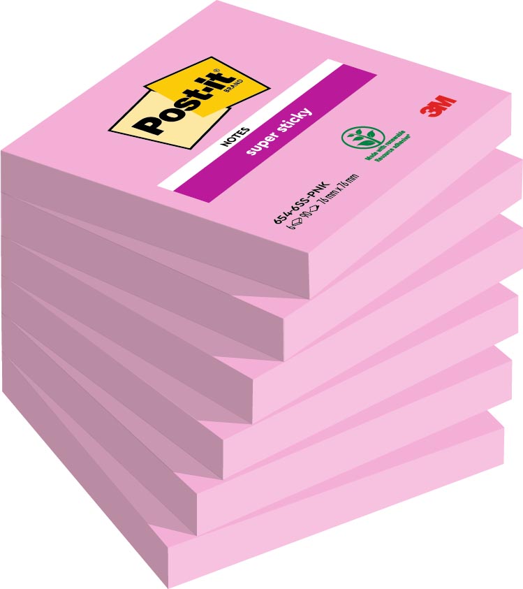 Post-it Super Sticky notes, 90 vel, ft 76 x 76 mm, pak van 6 blokken, roze (tropical pink) afbeelding