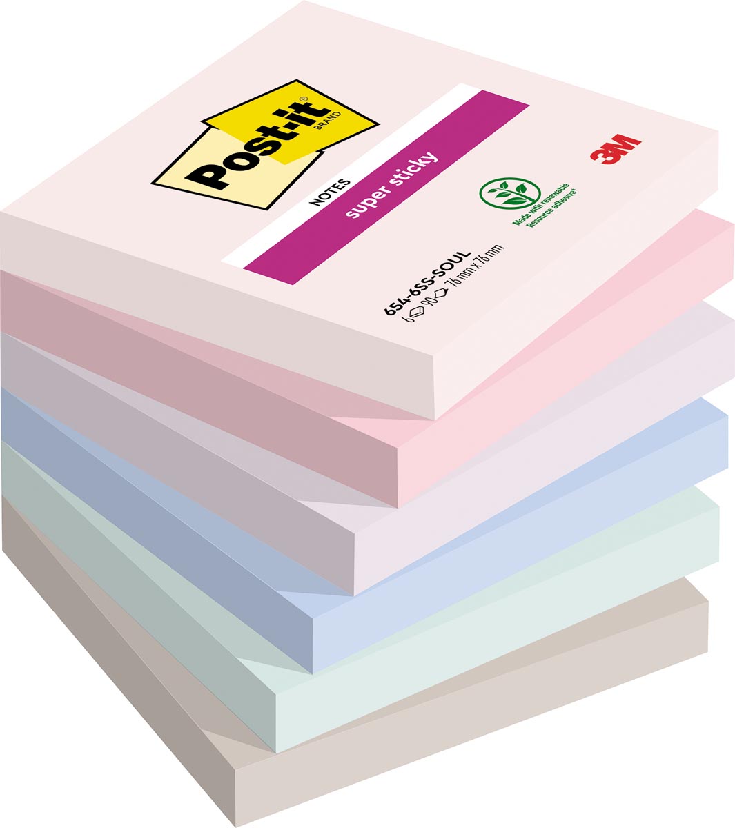 Post-it Super Sticky notes Soulful, 90 vel, ft 76 x 76 mm, geassorteerde kleuren, pak van 6 blokken afbeelding