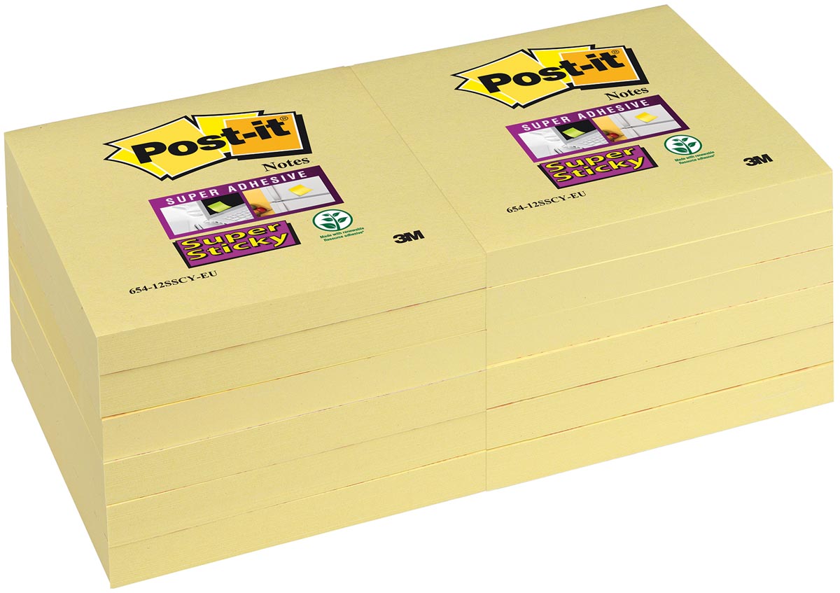 Post-it Super Sticky notes, ft 76 x 76 mm, geel, 90 vel, pak van 12 blokken