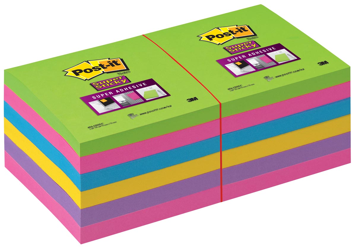 Post-it Super Sticky notes, 90 vel, ft 76 x 76 mm, pak van 12 blokken, geassorteerde kleuren