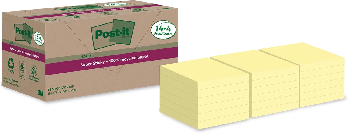 Post-it Super Sticky Notes Recycled, 70 vel, ft 76 x 76 mm, geel, 14 + 4 GRATIS afbeelding