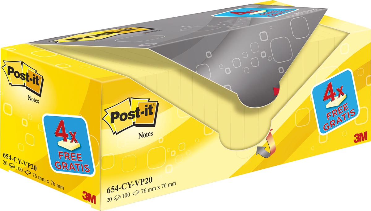 Post-it Notes, 100 vel, ft 76 x 76 mm, geel, pak van 16 blokken + 4 gratis afbeelding