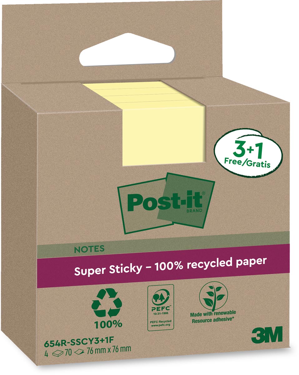 Post-it Super Sticky Notes Recycled, 70 vel, ft 76 x 76 mm, geel, 3 + 1 GRATIS afbeelding