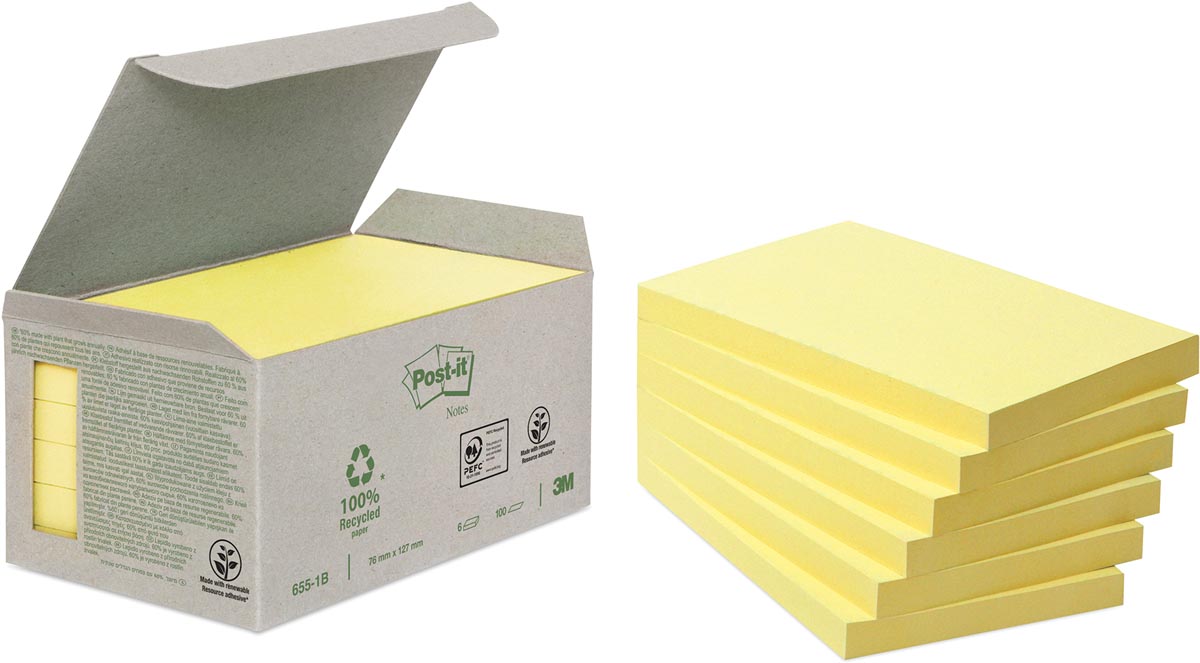 Post-it Recycled notes, 100 vel, ft 76 x 127 mm, geel, pak van 6 blokken afbeelding