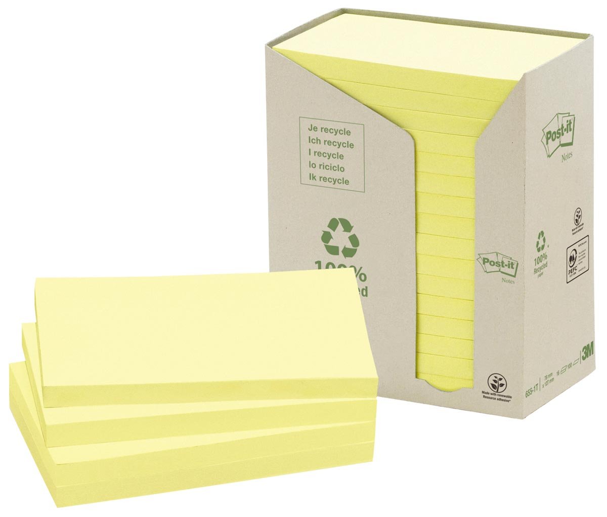 Post-it Recycled notes, 100 vel, ft 76 x 127 mm, geel, pak van 16 blokken afbeelding