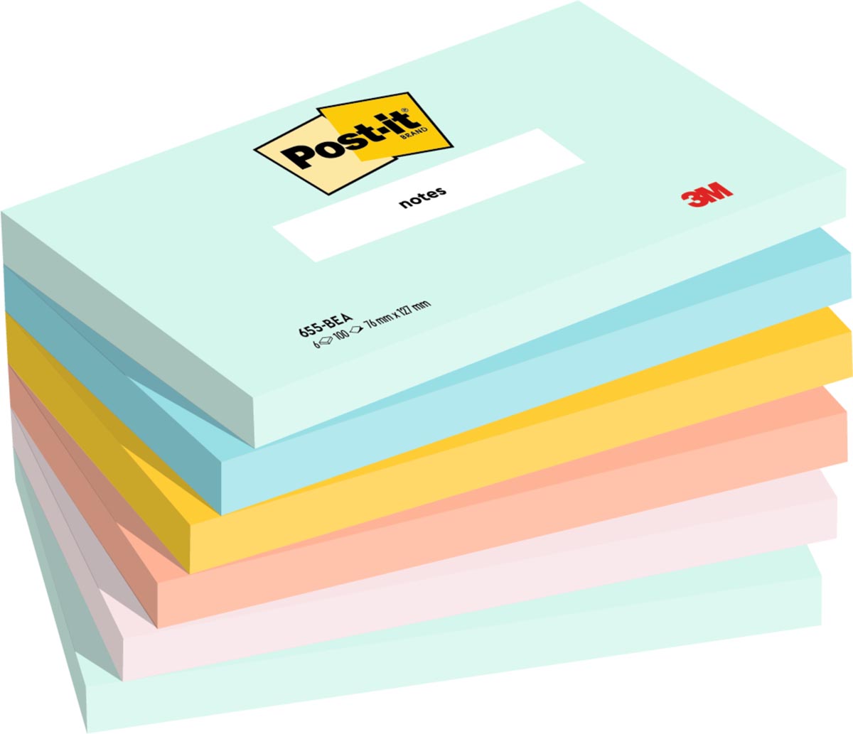Post-it Notes, 100 vel, ft 76 x 127 mm, pak van 6 blokken, Beachside colour collection afbeelding