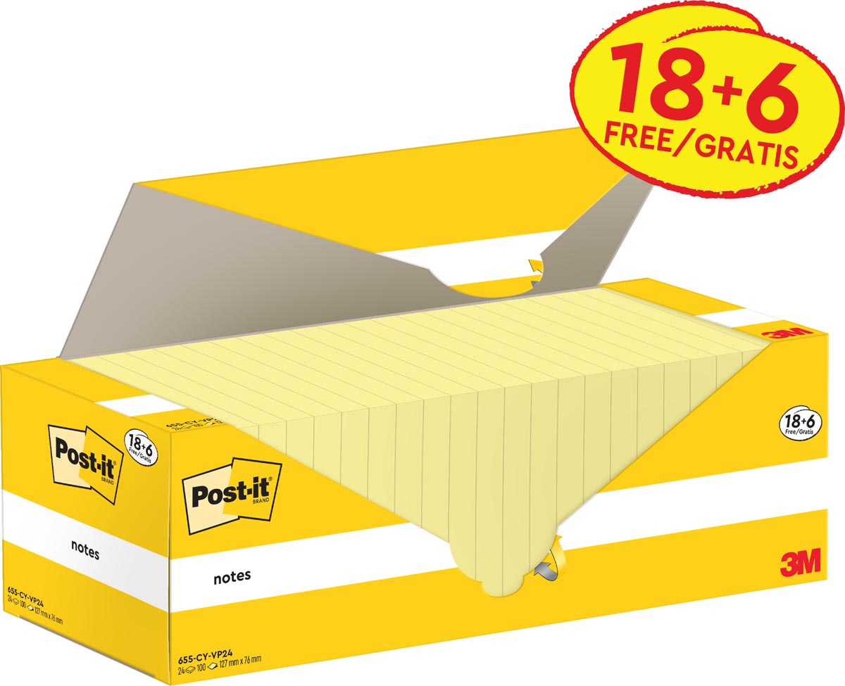 Post-it Notes, 100 vel, ft 76 x 127 mm, kanariegeel (canary yellow), 18 blokken + 6 GRATIS