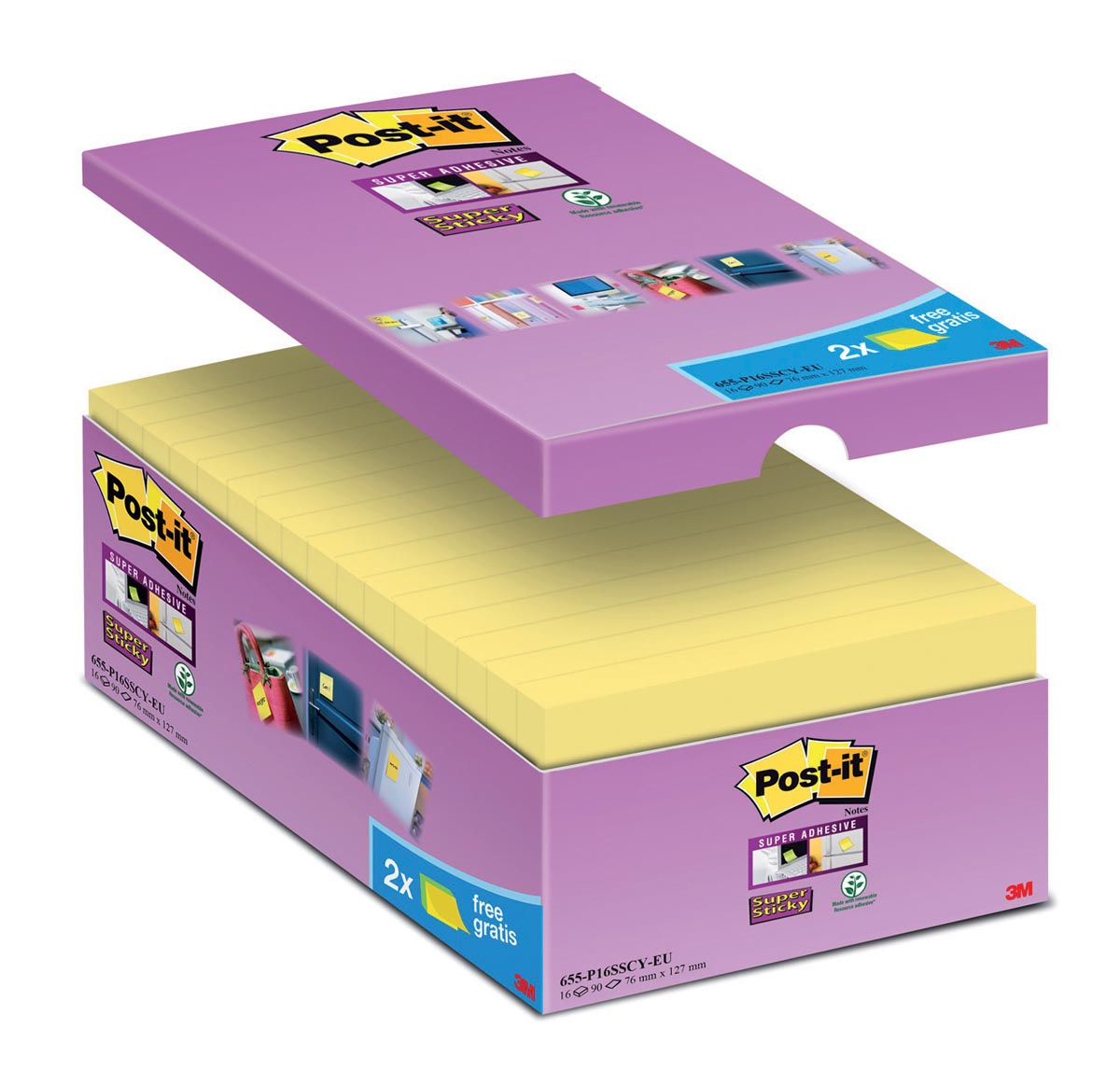 Post-it Super Sticky notes, 90 vel, ft 76 x 127 mm, geel, pak van 14 blokken + 2 gratis afbeelding