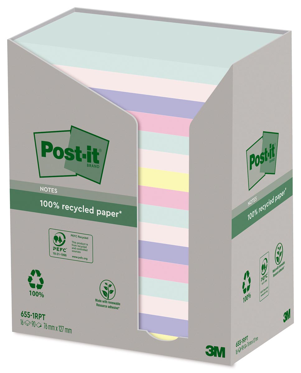 Post-it recycled notes Nature, 100 vel, ft 76 x 127 mm, pak van 16 blokken, geassorteerde kleuren afbeelding