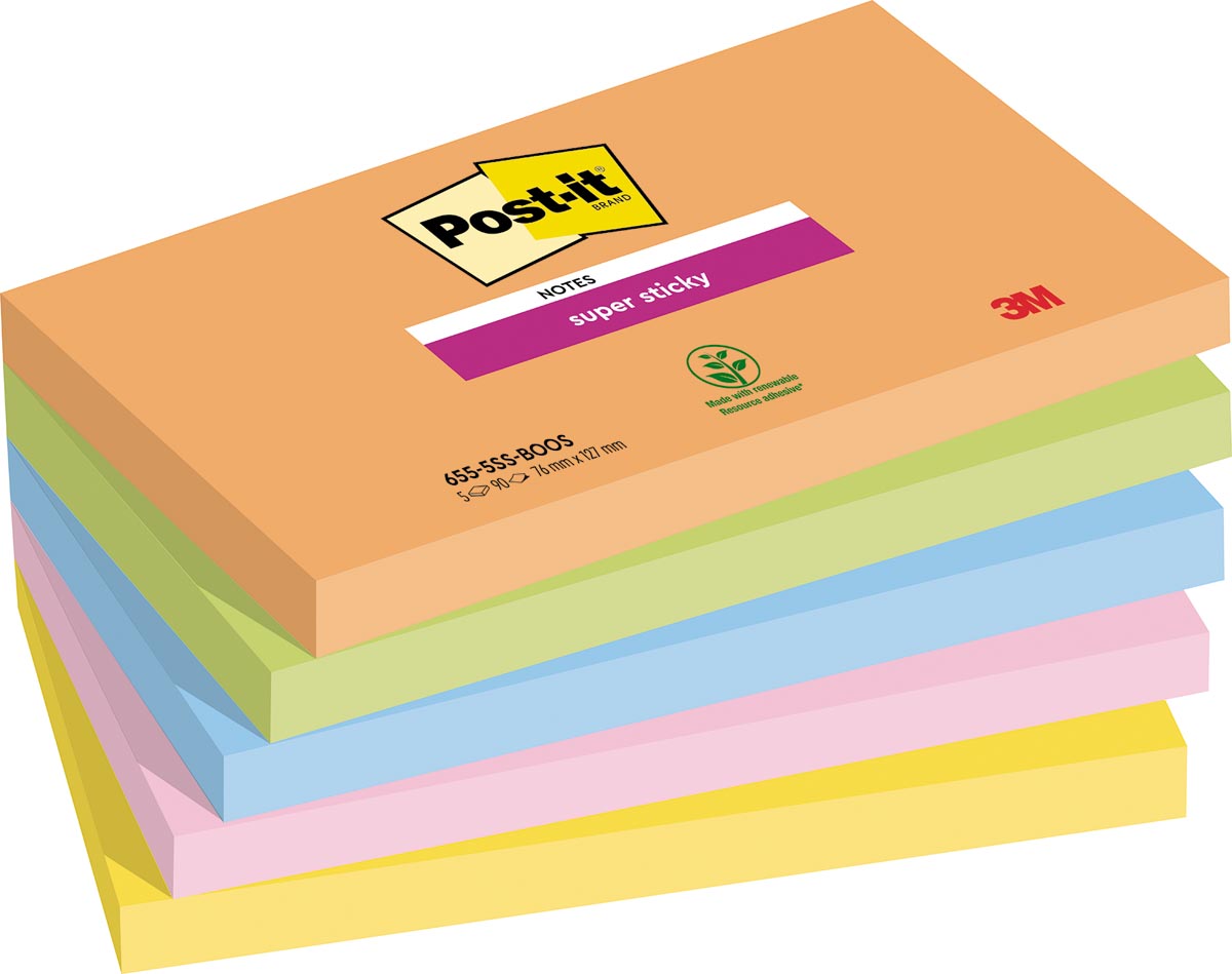 Post-it Super Sticky notes Boost, 90 vel, ft 76 x 127 mm, geassorteerde kleuren, pak van 5 blokken afbeelding