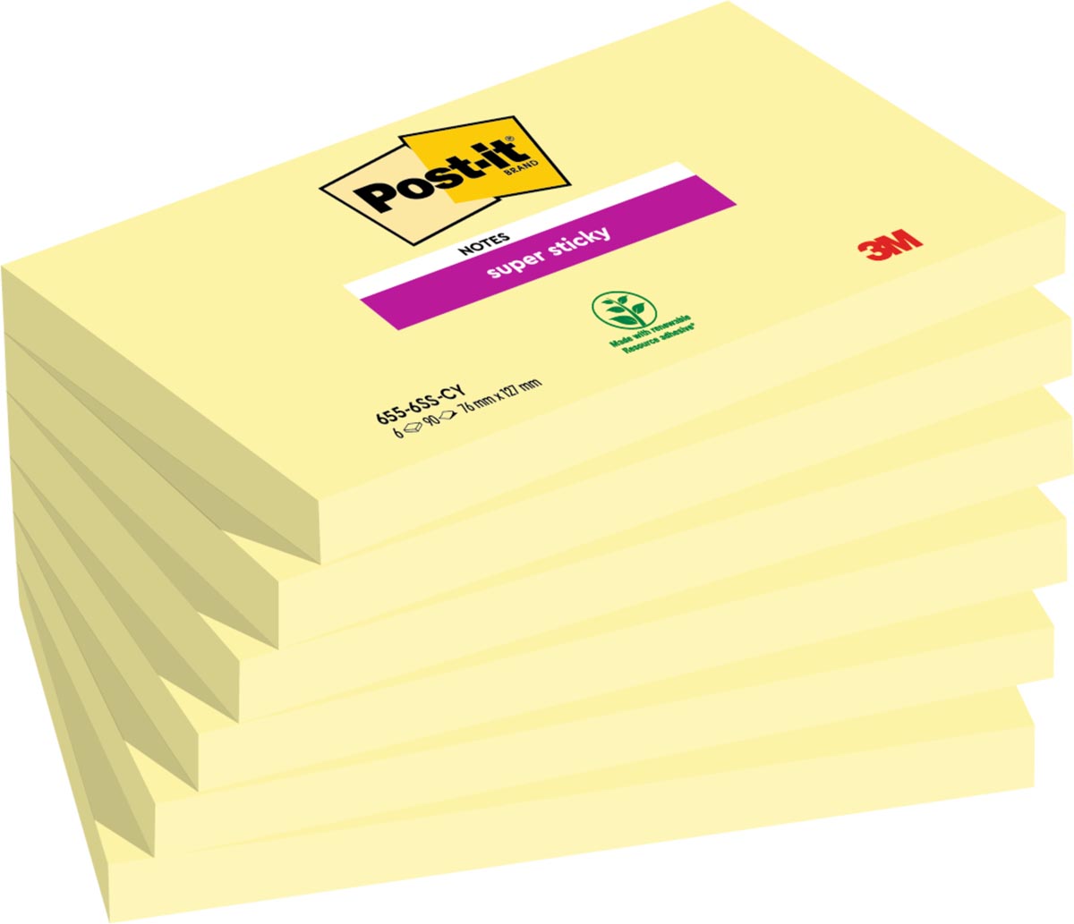Post-it Super Sticky notes, 90 vel, ft 76 x 127 mm, pak van 6 blokken, kanariegeel afbeelding