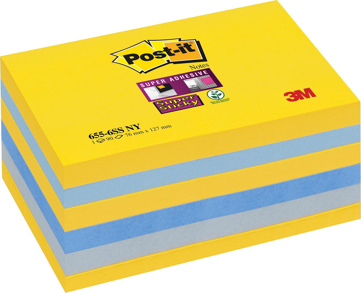 Post-it Super Sticky notes New York, ft 76 x 127 mm, geassorteerde kleuren, 90 vel, pak van 6 blokken