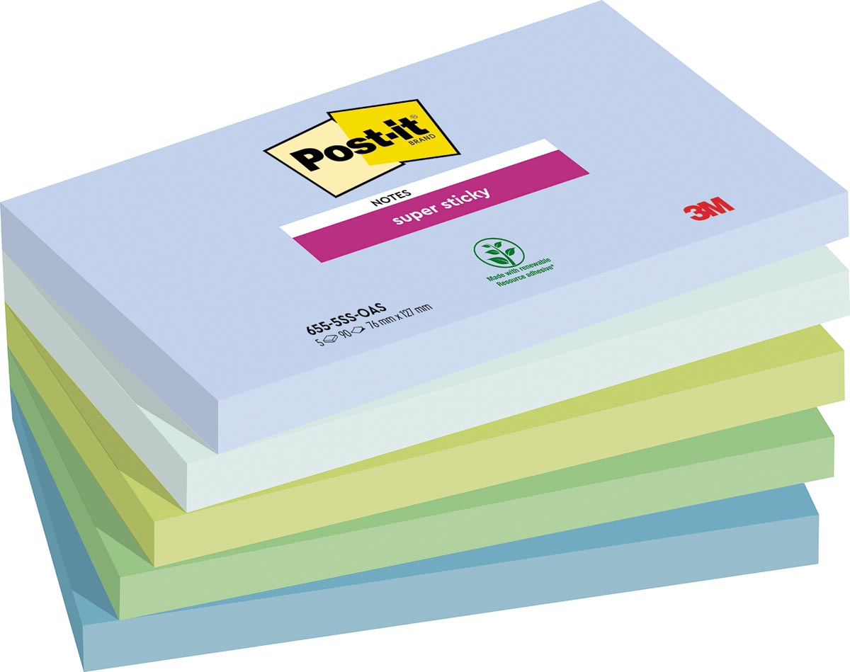 Post-it Super Sticky notes Oasis, 90 vel, ft 76 x 127 mm, geassorteerde kleuren, pak van 5 blokken afbeelding